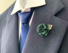 Load image into Gallery viewer, Small Dark Green Handmade Lapel Pin with Gold Leaf
